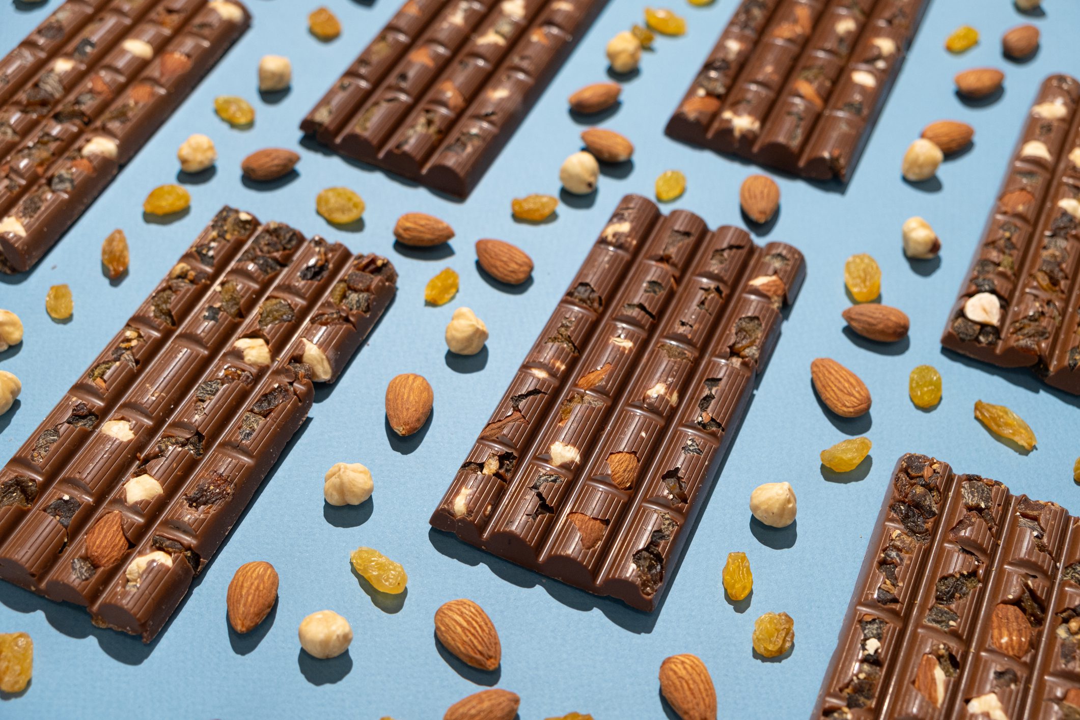 Chocolate bars with nuts and raisins.
