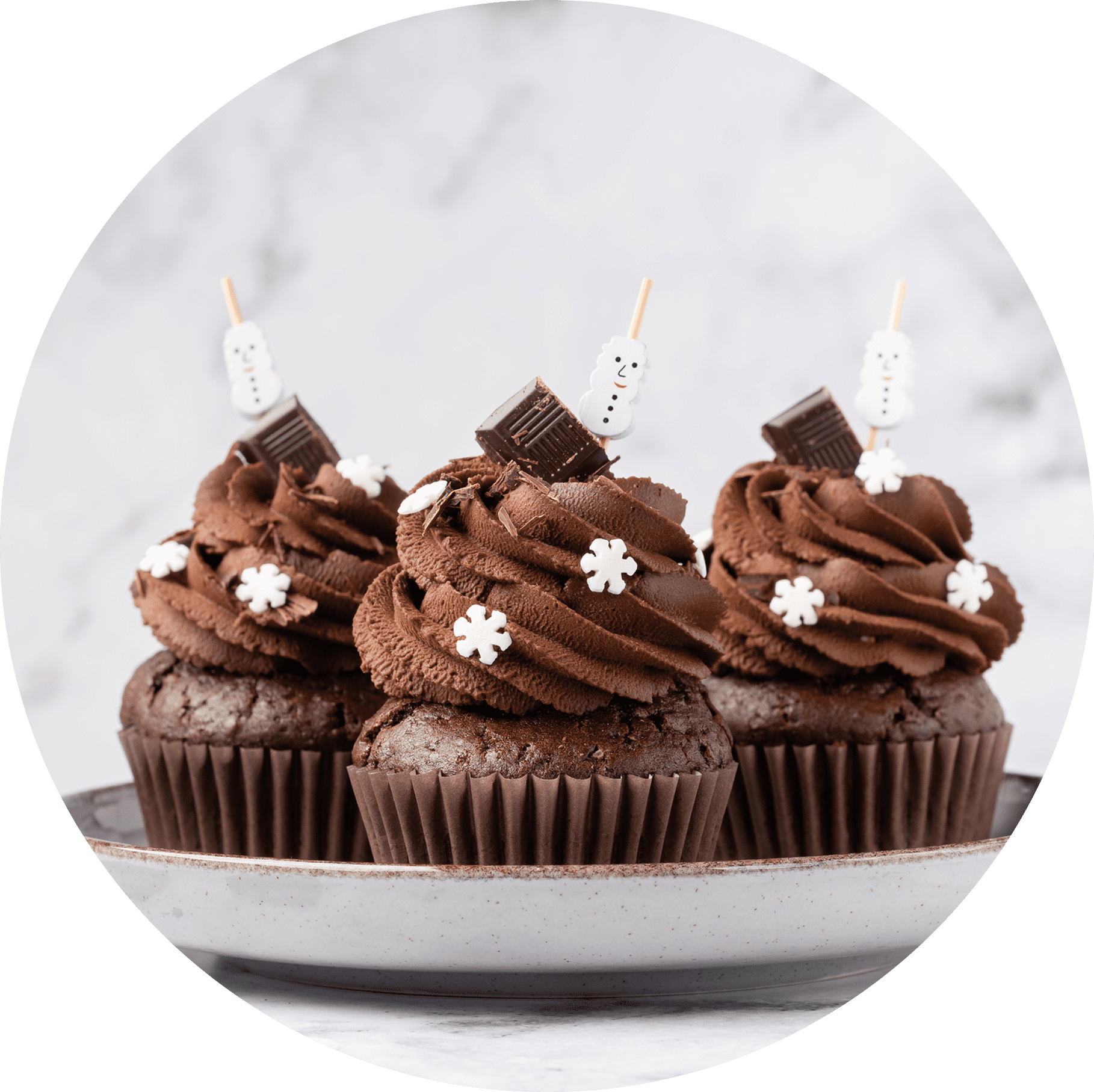 Group 1321317517 (2) Chocolate cupcakes with snowflake and candy decorations.